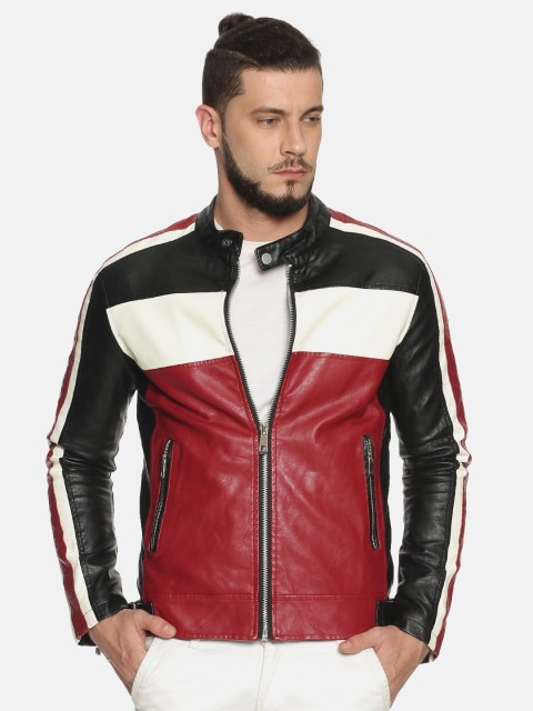 

SHOWOFF Men Black & Red Colourblocked Biker Jacket