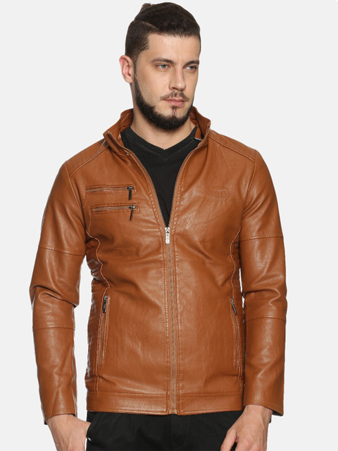 

SHOWOFF Men Brown Solid Biker Jacket