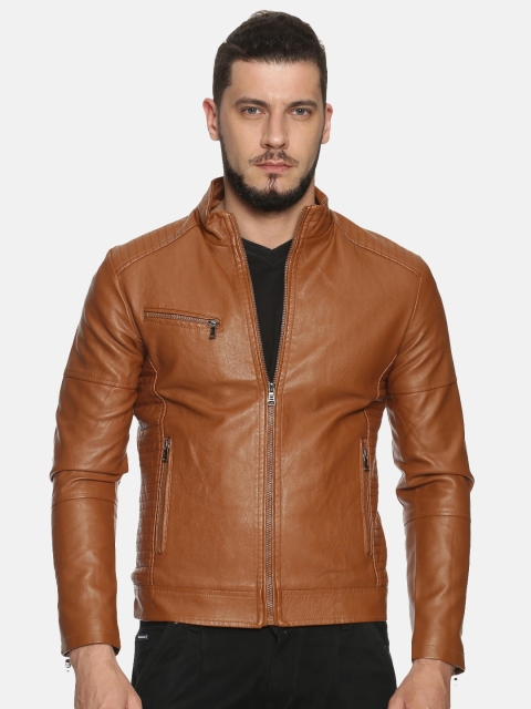 

SHOWOFF Men Brown Solid Biker Jacket