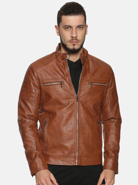 

SHOWOFF Men Brown Solid Biker Jacket