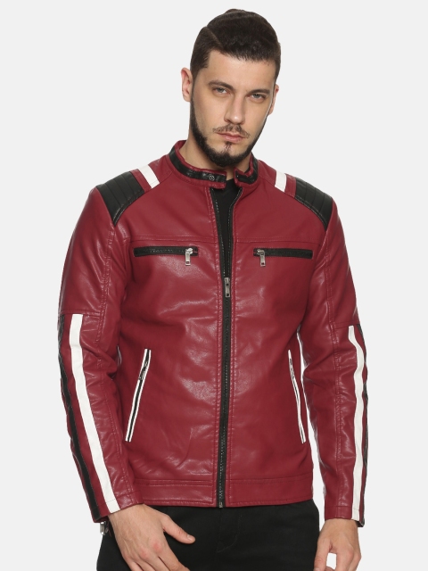 

SHOWOFF Men Maroon Colourblocked Biker Jacket