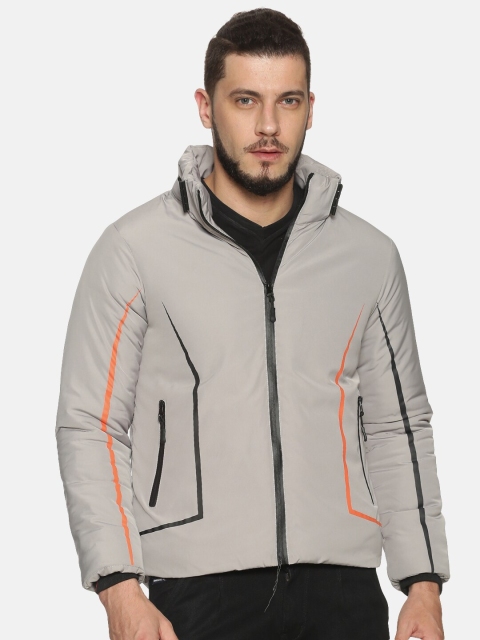 

SHOWOFF Men Grey Solid Hooded Bomber Jacket