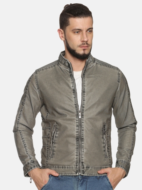 

SHOWOFF Men Grey Solid Biker Jacket
