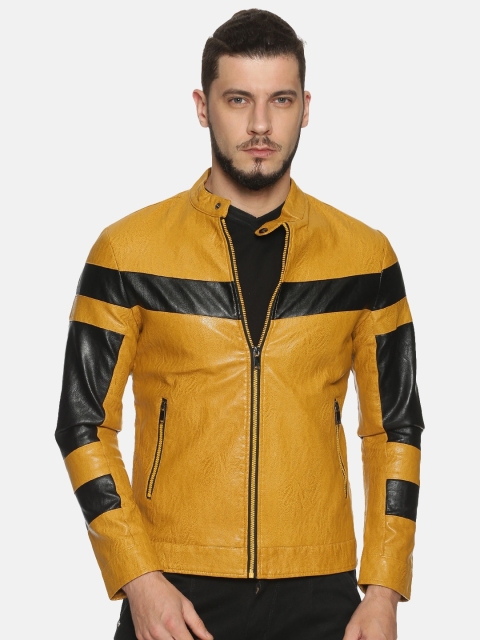 

SHOWOFF Men Mustard Yellow & Black Colourblocked Biker Jacket