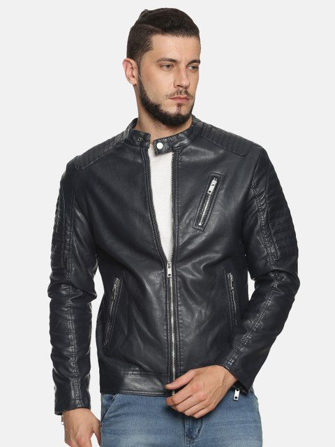 

SHOWOFF Men Navy Blue Solid Biker Jacket