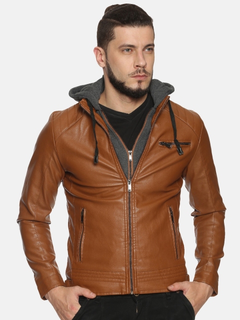 

SHOWOFF Men Brown Solid Biker Jacket