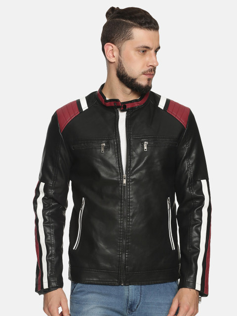 

SHOWOFF Men Black Colourblocked Biker Jacket