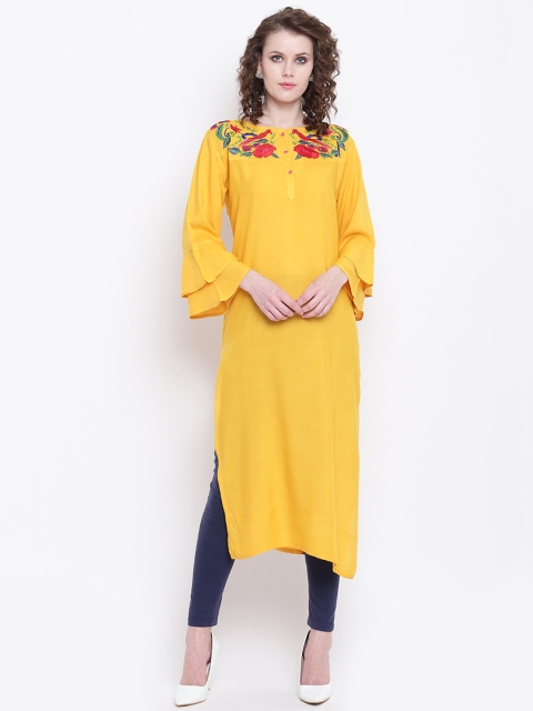 

Napra Women Mustard Yellow Embroidered Straight Kurta