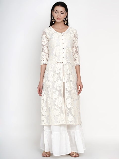 

FABNEST Women Cream-Coloured Printed Kurta with Sharara