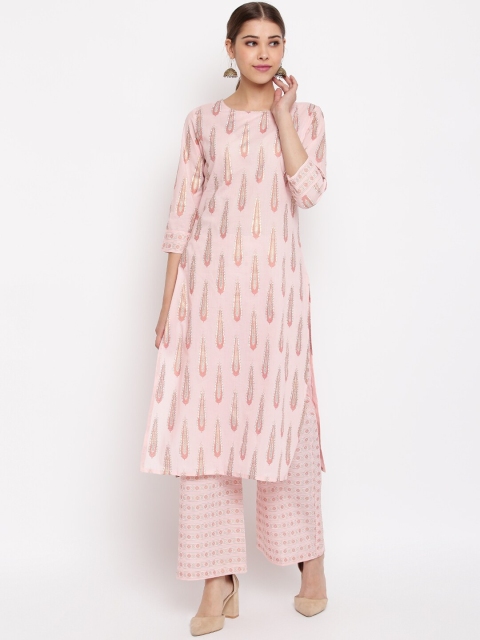 

Janasya Women Pink & White Printed Kurta with Palazzos
