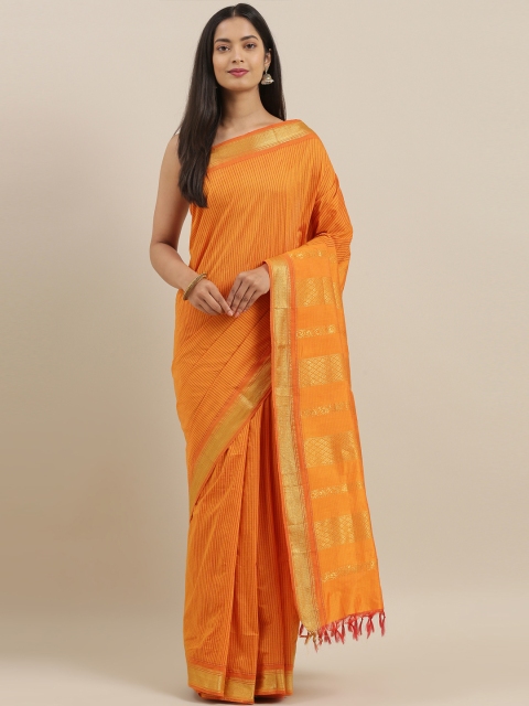 

The Chennai Silks Orange & Gold-Toned Polycotton Striped Saree