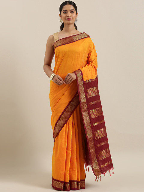 

The Chennai Silks Mustard Yellow Solid Polycotton Saree