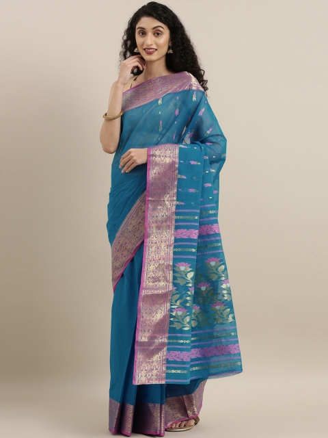 

The Chennai Silks Blue & Golden Pure Cotton Woven Design Taant Saree
