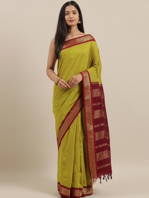 

The Chennai Silks Classicate Olive Green & Maroon Polycotton Solid Saree