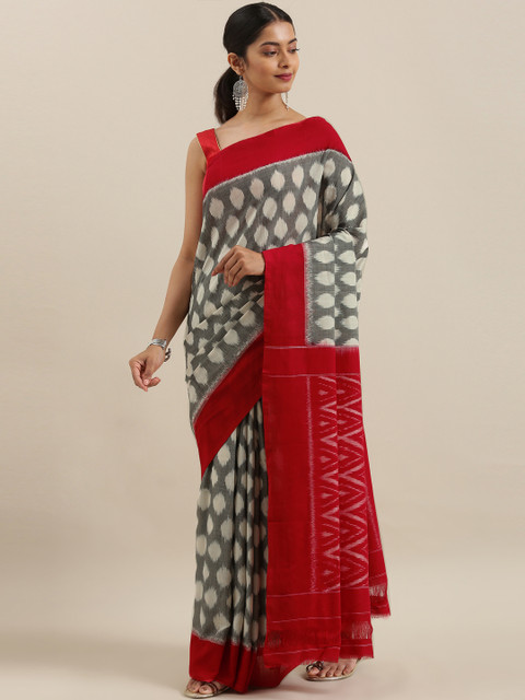 

The Chennai Silks Classicate Grey & Red Pure Cotton Printed Pochampally Saree