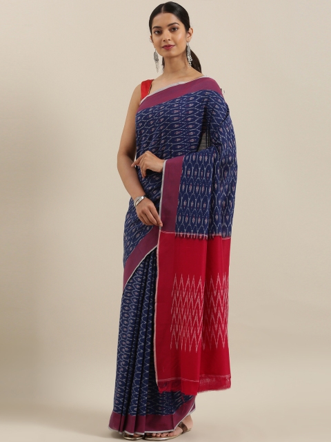 

The Chennai Silks Navy Blue & Red Pure Cotton Woven Design Pochampally Saree