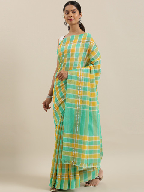 

The Chennai Silks Classicate Sea Green & Yellow Pure Cotton Checked Venkatgiri Saree