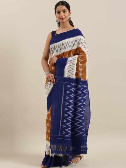 

The Chennai Silks Mustard Brown & Navy Blue Pure Cotton Woven Design Pochampally Saree