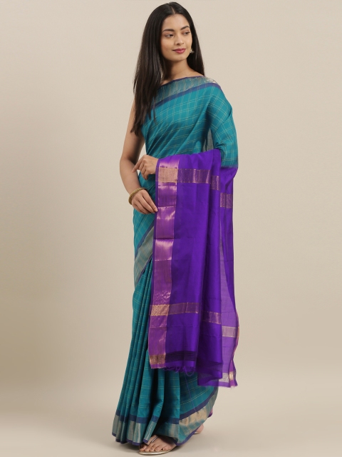 

The Chennai Silks Teal Blue & Purple Pure Cotton Checked Gadwal Saree