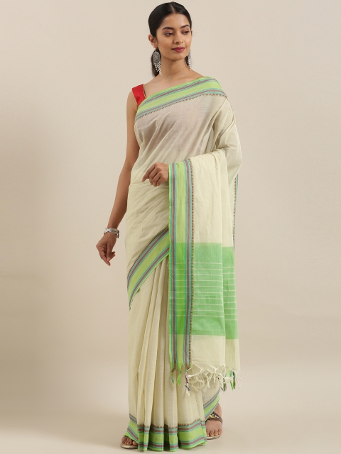 

The Chennai Silks Off-White & Green Pure Cotton Solid Saree