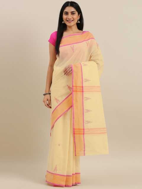 

The Chennai Silks Cream-Coloured & Pink Pure Cotton Woven Design Chettinad Saree