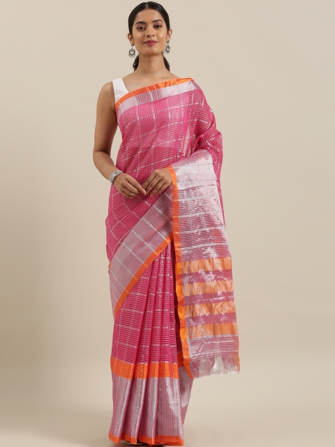 

The Chennai Silks Pink & Silver-Toned Pure Cotton Checked Venkatgiri Saree