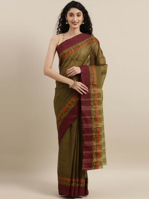

The Chennai Silks Classicate Olive Green & Burgundy Pure Cotton Solid Taant Saree