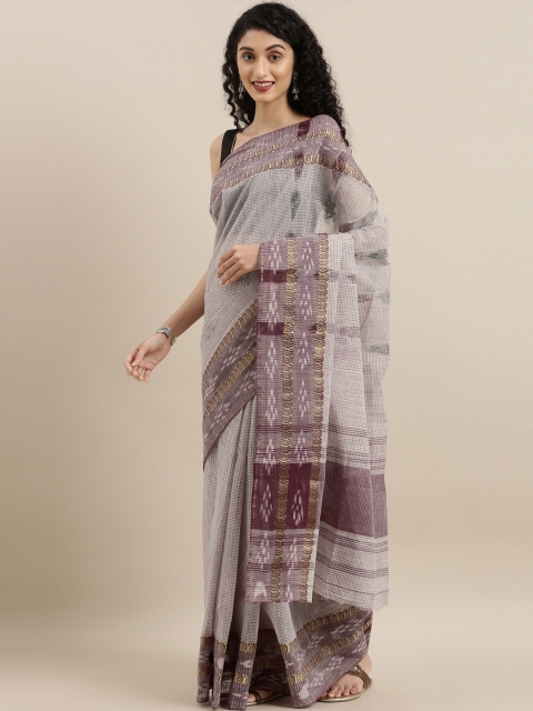 

The Chennai Silks Classicate Grey & Brown Pure Cotton Checked Taant Saree