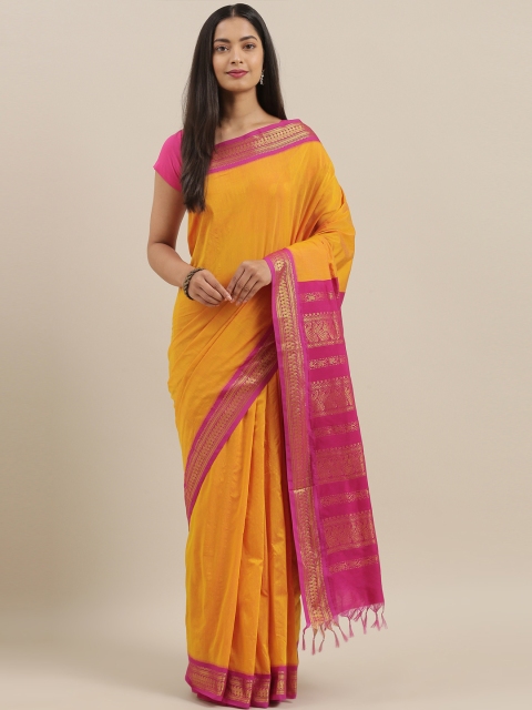 

The Chennai Silks Mustard Yellow & Pink Polycotton Woven Design Saree