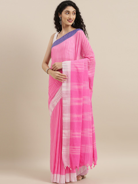 

The Chennai Silks Pink & White Linen Blend Striped Saree