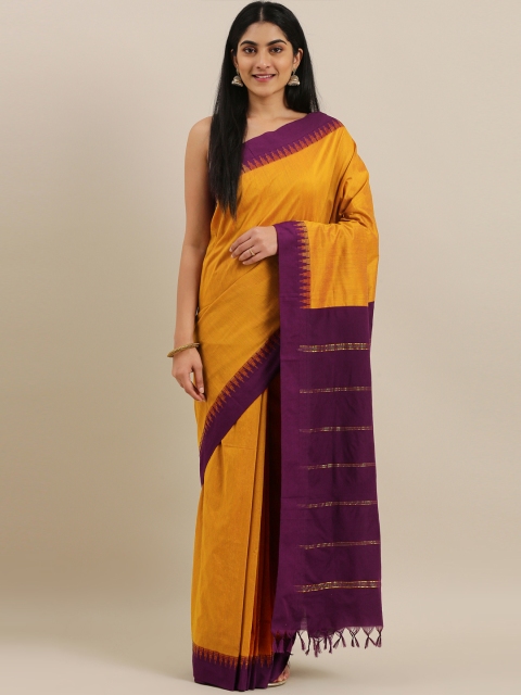 

The Chennai Silks Classicate Mustard Yellow & Purple Polycotton Solid Saree