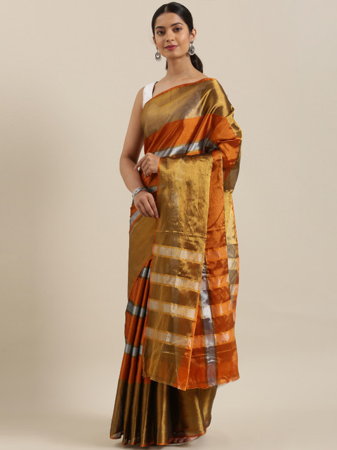 

The Chennai Silks Orange & Brown Pure Cotton Striped Venkatgiri Saree