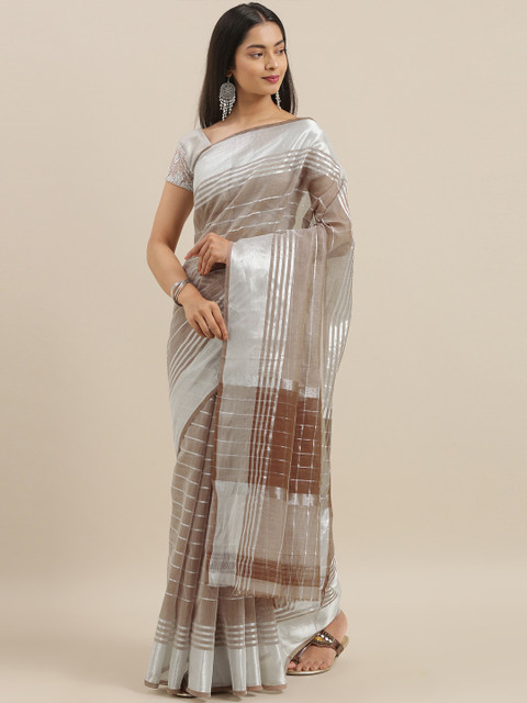 

The Chennai Silks Brown & Silver-Toned Pure Cotton Striped Venkatgiri Saree