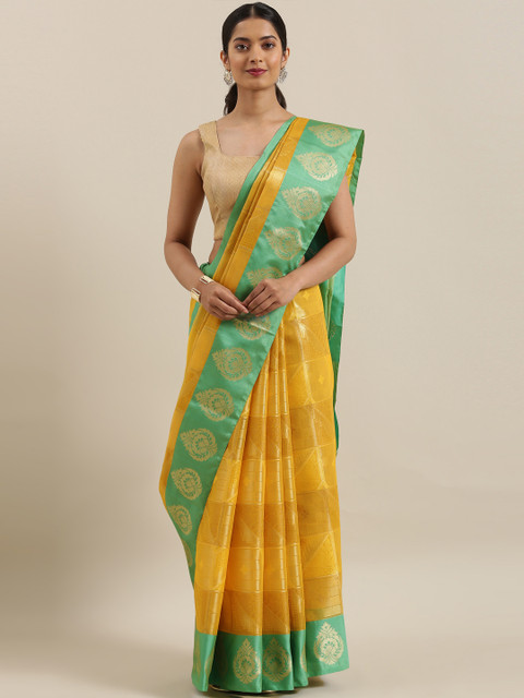 

The Chennai Silks Mustard Yellow & Golden Organza Woven Design Saree