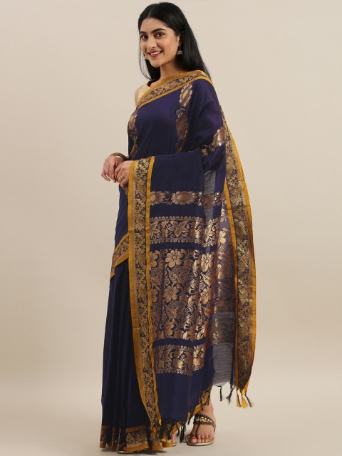 

The Chennai Silks Navy Blue & Gold-Toned Polycotton Woven Design Saree