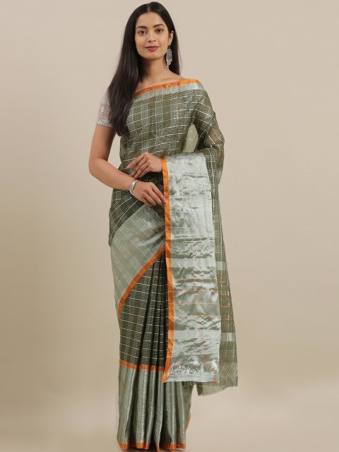 The Chennai Silks Olive Green & Silver-Toned Pure Cotton Checked Venkatgiri Saree