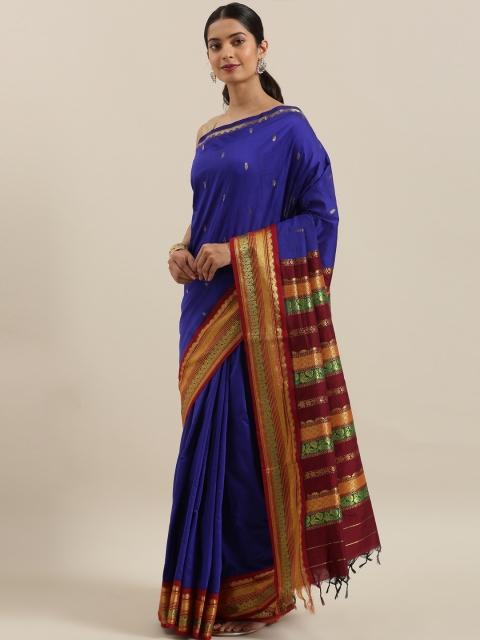 

The Chennai Silks Blue & Gold-Toned Polycotton Woven Design Saree