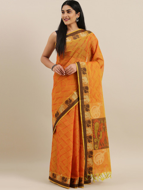

The Chennai Silks Mustard Yellow & Red Pure Cotton Checked Kovai Saree