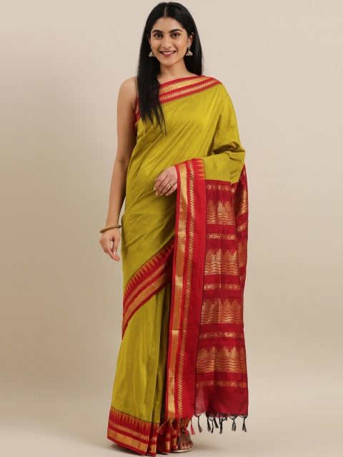 

The Chennai Silks Olive Green Solid Polycotton Saree