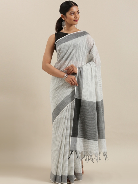 

The Chennai Silks White & Charcoal Grey Striped Pure Cotton Saree