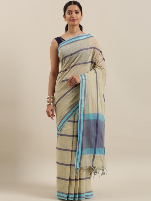 

The Chennai Silks Beige & Blue Pure Cotton Striped Saree