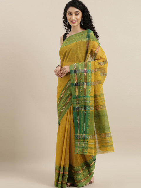 

The Chennai Silks Classicate Mustard Yellow & Green Pure Cotton Woven Design Taant Saree