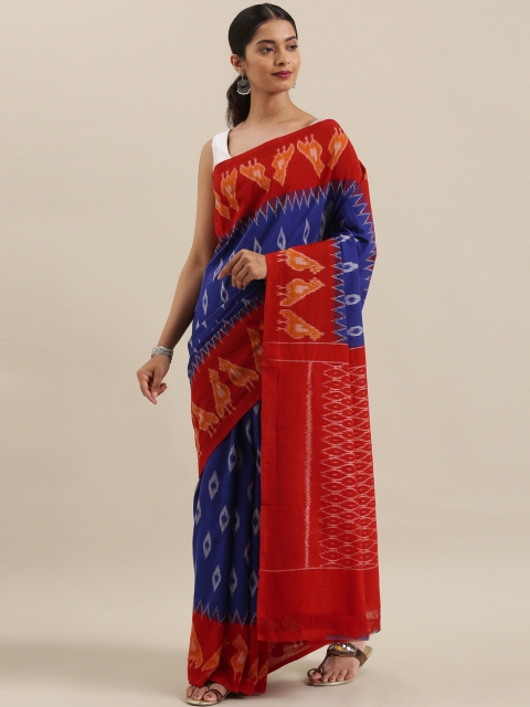

The Chennai Silks Navy Blue & Red Pure Cotton Woven Design Pochampally Saree