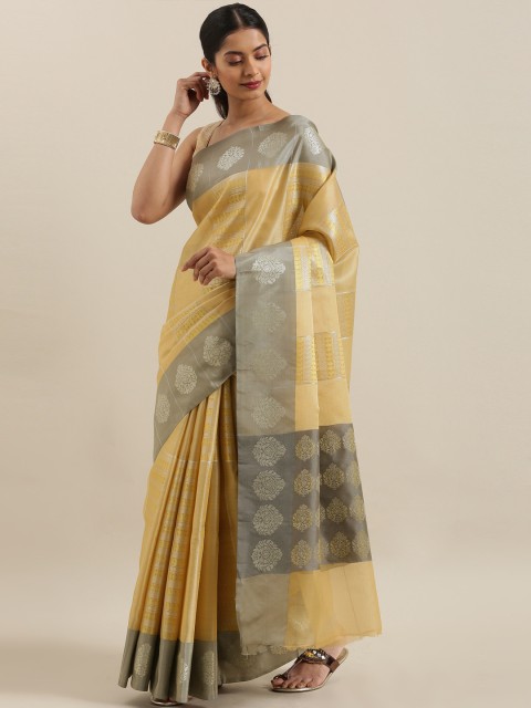 

The Chennai Silks Cream-Coloured & Golden Organza Woven Design Saree