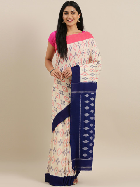 

The Chennai Silks Off-White & Pink Pure Cotton Woven Design Pochampally Saree