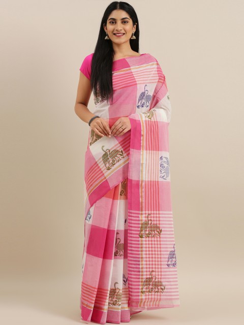 

The Chennai Silks Classicate White & Pink Pure Cotton Colourblocked Venkatgiri Saree