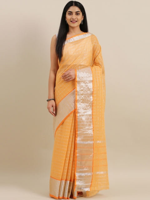 

The Chennai Silks Peach-Coloured & Silver-Toned Pure Cotton Checked Venkatgiri Saree