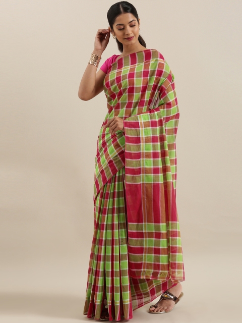 

The Chennai Silks Red & Lime Green Pure Cotton Checked Venkatgiri Saree