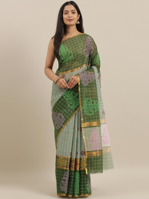 

The Chennai Silks Green & Off-White Pure Cotton Checked Venkatgiri Saree