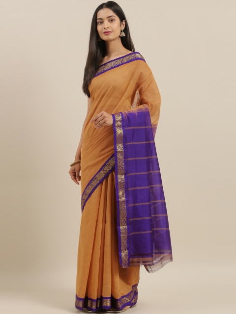 

The Chennai Silks Mustard Yellow & Navy Blue Pure Cotton Striped Gadwal Saree